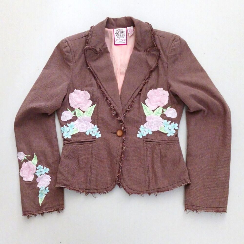 Jimmy Z Brown Mini Check Jacket Floral Applique Embroidered Raw Edge Sz 5
